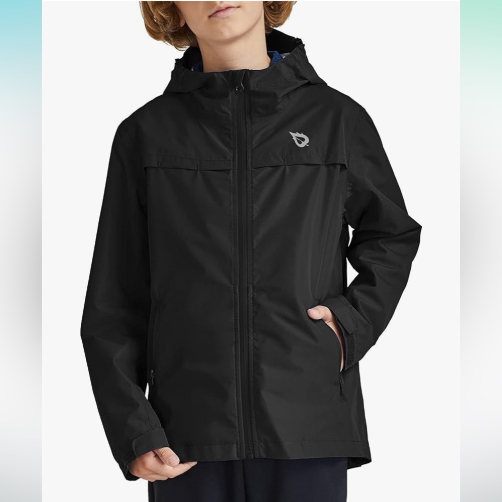 Baleaf Boy’s Black Unisex Rain Jacket Lightweight Packable, Size Medium, NWT